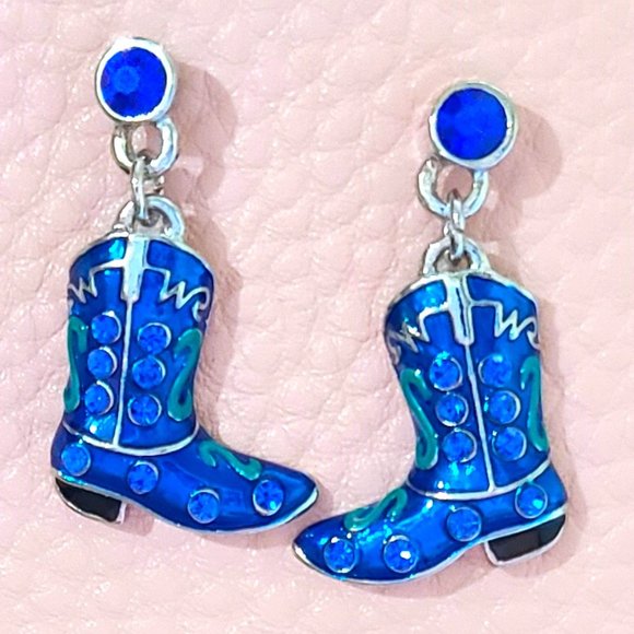Cowgirl Boot Earrings - Blue Sparkle with Rhinestone Shine - Picture 4 of 10